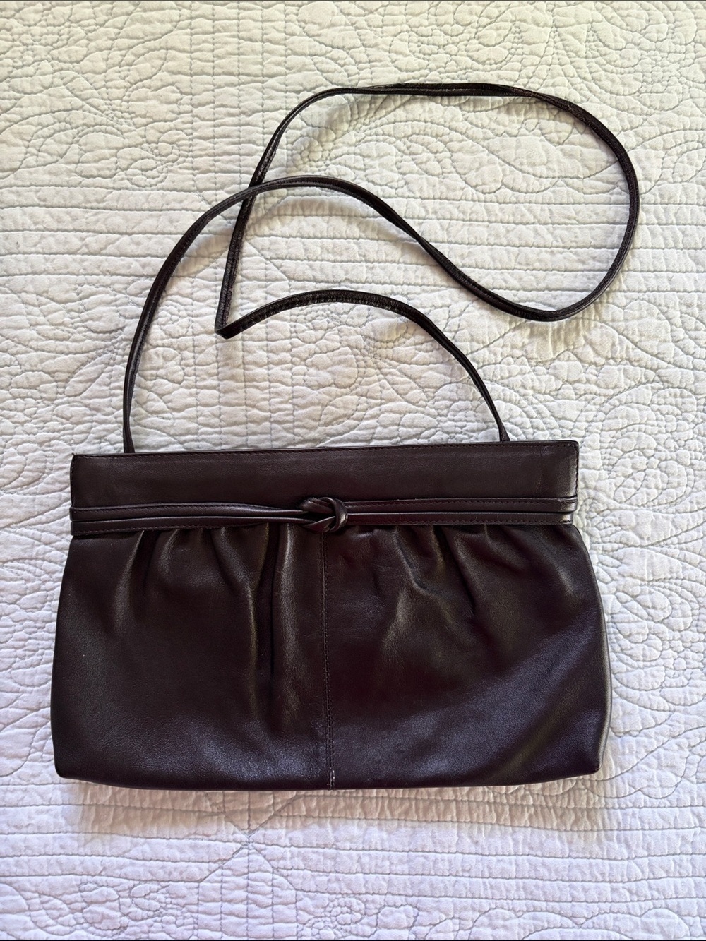 Vintage Black Leather Clutch or Shoulder Bag with Knot Accent